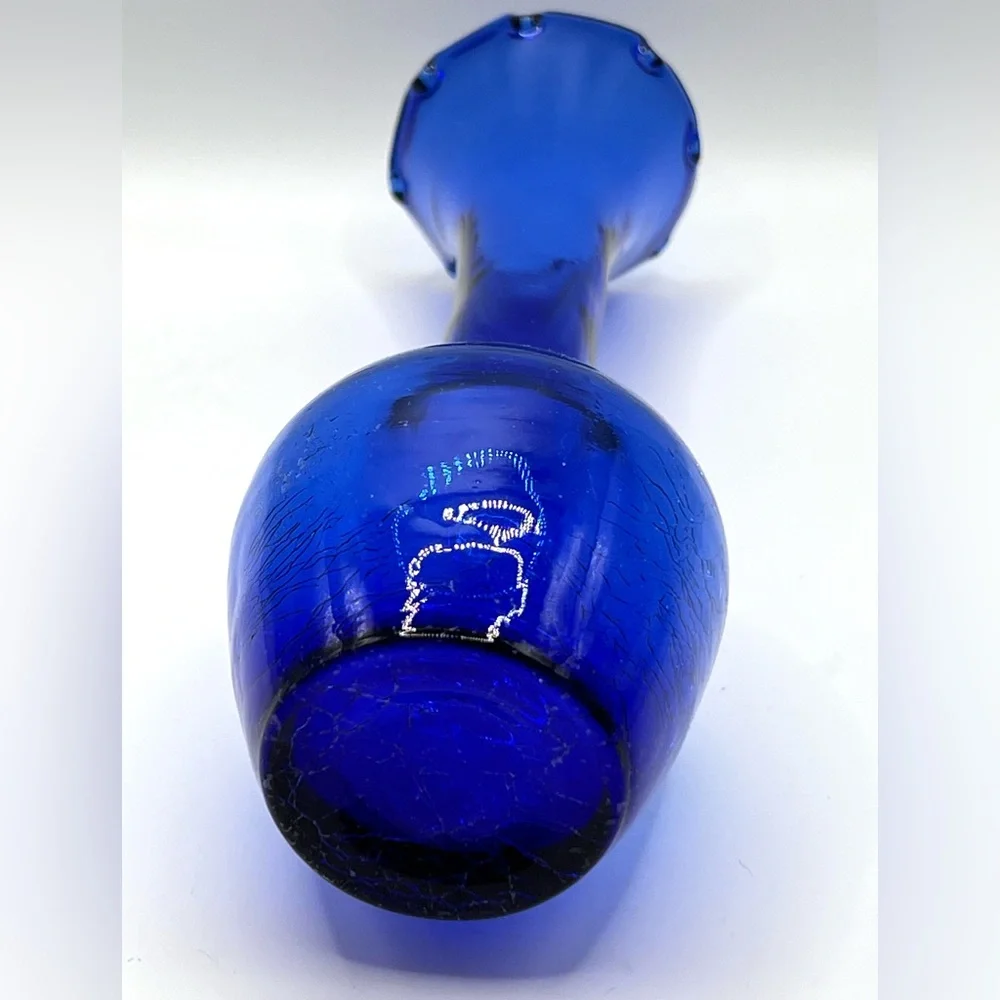Vintage Cobalt Blue Ruffled Edges Bud Vase Crackled Glass Bottom 8 in